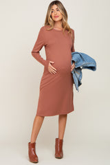 Mauve Ribbed Long Sleeve Slit Maternity Dress