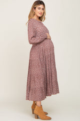 Mauve Floral Tiered Button Accent Maternity Midi Dress