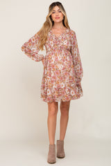 Taupe Floral Chiffon Smocked Ruffle Hem Maternity Dress