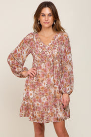 Taupe Floral Chiffon Smocked Ruffle Hem Dress