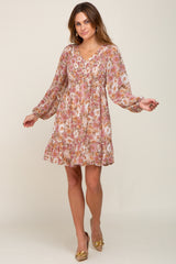 Taupe Floral Chiffon Smocked Ruffle Hem Dress