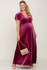 Magenta Velvet Plus Maternity Wrap Maxi Dress