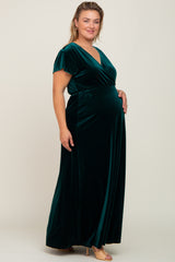 Hunter Green Velvet Plus Maternity Wrap Maxi Dress