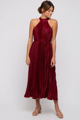 Burgundy Pleated Maternity Halter Dress