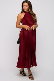 Burgundy Pleated Maternity Halter Dress