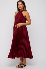 Burgundy Pleated Maternity Halter Dress