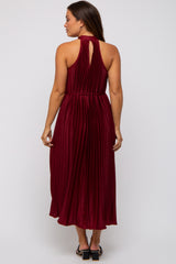 Burgundy Pleated Maternity Halter Dress