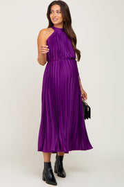 Purple Pleated Maternity Halter Dress