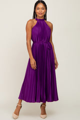 Purple Pleated Halter Dress