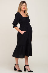 Black Ruffle Strappy Open Back Maternity Midi Dress