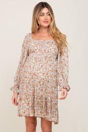 Beige Floral Smocked Square Neck Maternity Dress