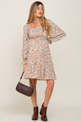 Beige Floral Smocked Square Neck Maternity Dress