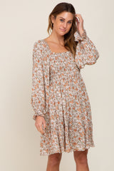 Beige Floral Smocked Square Neck Maternity Dress