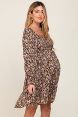 Black Floral Smocked Square Neck Maternity Dress