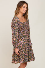 Black Floral Smocked Square Neck Dress