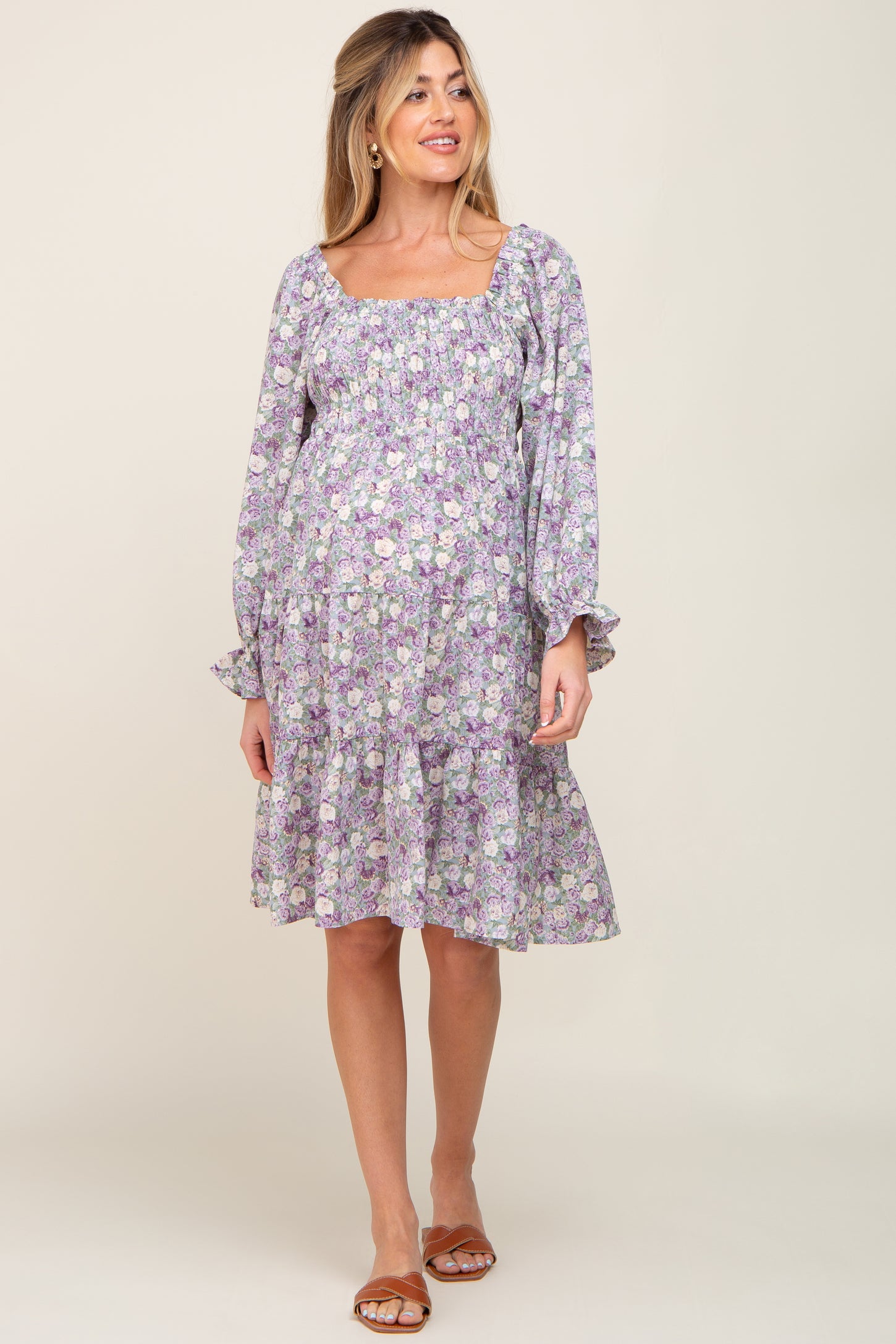 Lavender Floral Smocked Square Neck Tiered Maternity Dress– PinkBlush