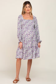 Lavender Floral Smocked Square Neck Tiered Maternity Dress