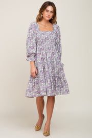 Lavender Floral Smocked Square Neck Tiered Dress