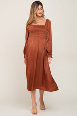 Rust Smocked Square Neck Satin Maternity Midi Dress