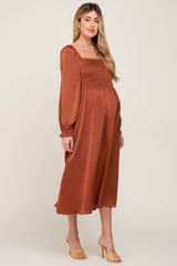 Rust Smocked Square Neck Satin Maternity Midi Dress