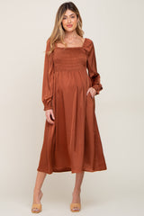 Rust Smocked Square Neck Satin Maternity Midi Dress