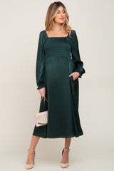 Forest Green Smocked Square Neck Satin Maternity Midi Dress