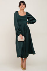 Forest Green Smocked Square Neck Satin Midi Dress