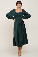 Forest Green Smocked Square Neck Satin Midi Dress