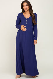 Navy Solid Long Sleeve Button Accent Maternity Dress