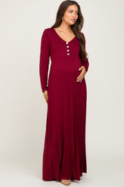 Burgundy Solid Long Sleeve Button Accent Maternity Dress