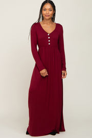 Burgundy Solid Long Sleeve Button Accent Dress