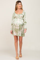 Light Olive Floral Satin Ruched Top Maternity Dress