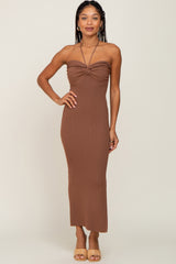 Brown Front Twist Halter Maternity Maxi Dress