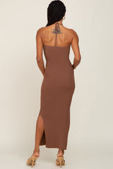 Brown Front Twist Halter Maxi Dress