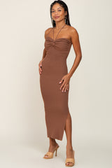 Brown Front Twist Halter Maxi Dress