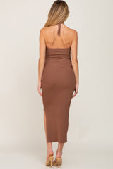 Brown Front Twist Halter Maternity Maxi Dress