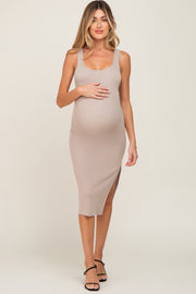 Beige Knit Fitted Maternity Midi Dress