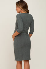 Olive Rib Knit 3/4 Sleeve Maternity Dress