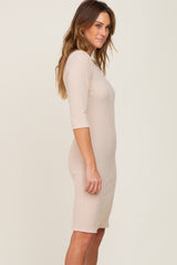 Beige Rib Knit 3/4 Sleeve Dress