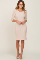 Beige Rib Knit 3/4 Sleeve Dress