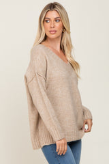 Taupe V-Neck Brushed Knit Sweater