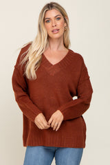 Rust V-Neck Brushed Knit Sweater