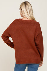 Rust V-Neck Brushed Knit Sweater