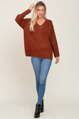 Rust V-Neck Brushed Knit Sweater