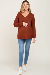 Rust V-Neck Brushed Knit Maternity Sweater