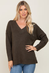 Olive V-Neck Brushed Knit Sweater