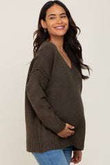 Olive V-Neck Brushed Knit Maternity Sweater