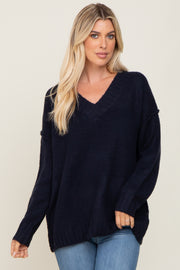 Navy V-Neck Brushed Knit Sweater