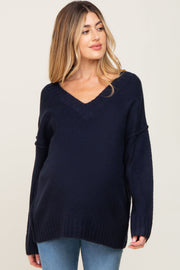 Navy V-Neck Brushed Knit Maternity Sweater