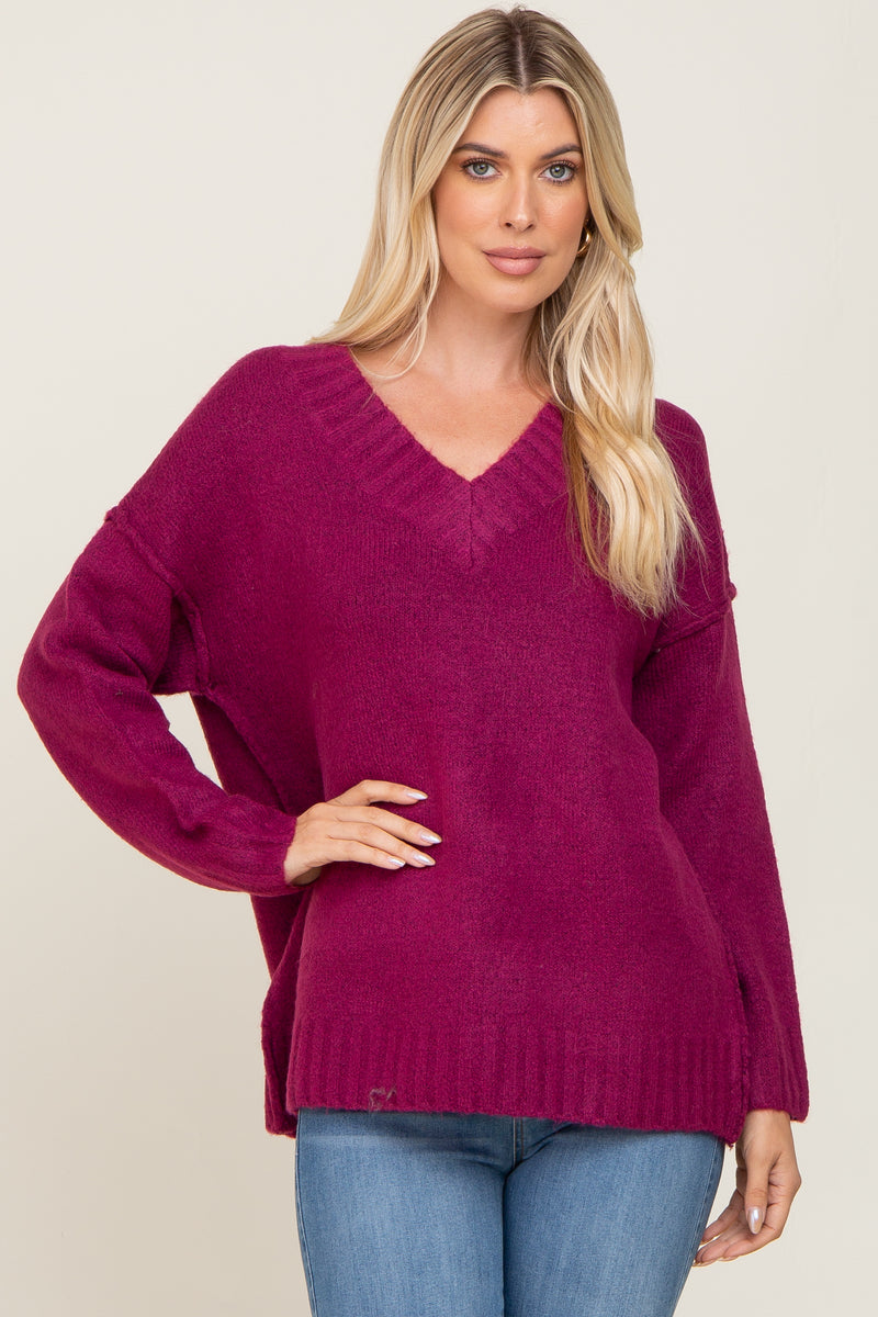 Magenta V-Neck Brushed Knit Sweater– PinkBlush